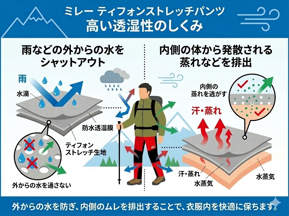 【ミレーティフォンストレッチパンツをレビュー】雨の登山でも不快感を軽減!高透湿レインパンツの実力を徹底解説